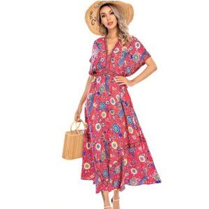 R Vivimos Bohemian Red Floral Maxi Dress womens Tassel Tie size meium